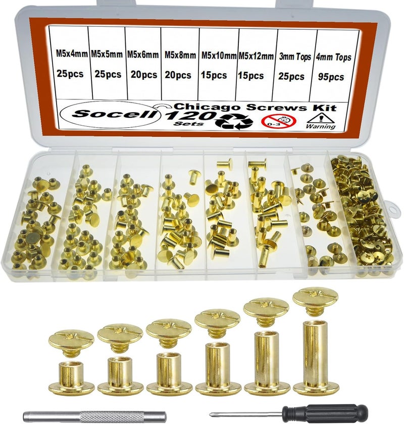 Socell 120Sets Chicago Screws Kit, 6 Sizes Chicago Screws for Leather,Binding Screws Leather Rivet kit for Crafts, Clothing, Shoes, Belts, Bags, and Custom-Made Items(Gold, M5*4,5,6,8,10,12) - Image 1